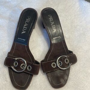 Prada Low Mule Heel Silver Hardware Grommet Brown Suede Sandal Size EU 37 EUC!